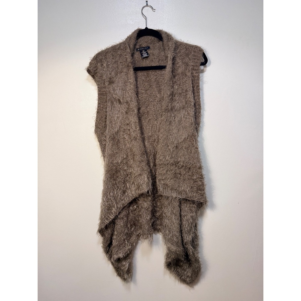 Wishlist Sweater Vest Womens M/L Brown Eyelash Knit Waterfall Open Front Shaggy